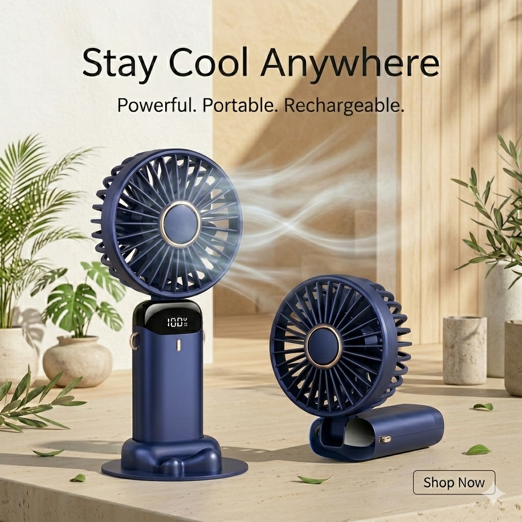 3-in-1 Portable Mini Fan – Handheld, Neck & Desk | Quiet, Rechargeable Cooling Fan
